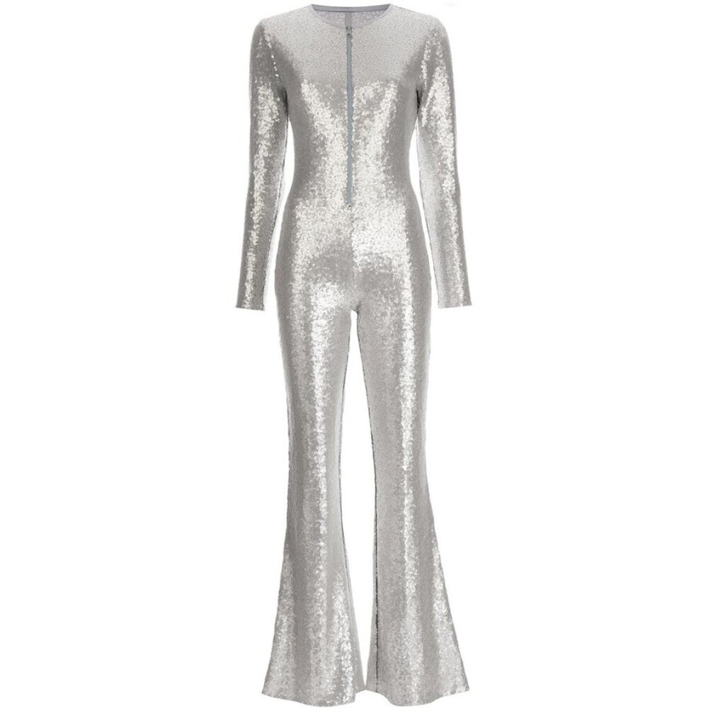 πͺ©π70s GLAM DISCO ERAππͺ© Cynthia Rowley Sequin Flared Jumpsuit in Silver - Picture 6 of 16
